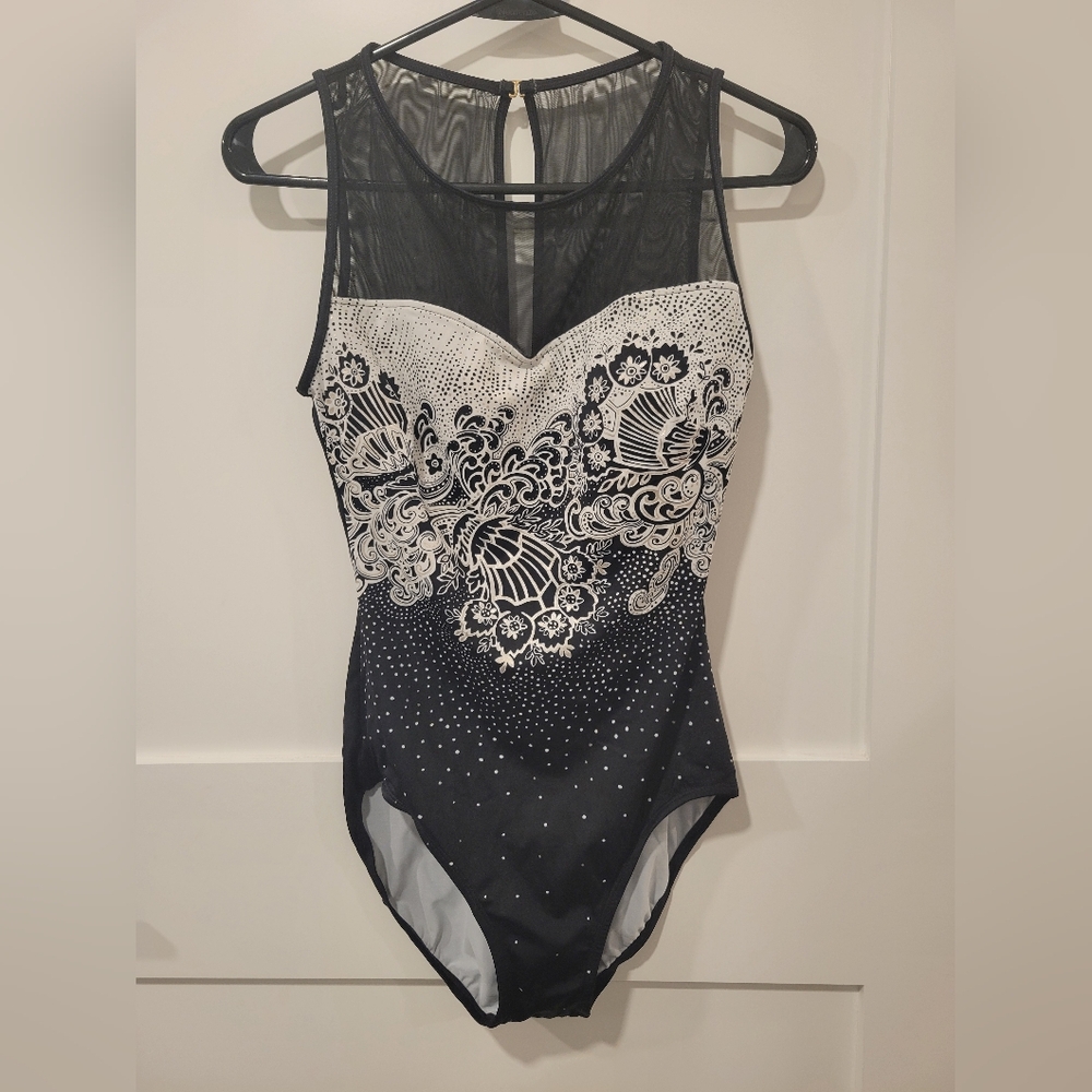 Jantzen Elegant Black and White Embroidered Bodysuit